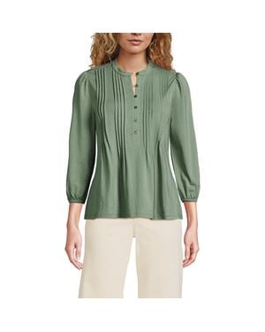 Lands' End Lightweight Jersey Button Pintuck Top - Green