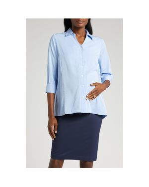 Marion Petite No-Gap 3/4 Sleeve Maternity & Nursing Button Down Shirt - Blue