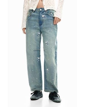 Desigual Floral Embroidery Barrel Leg Jeans - Blue