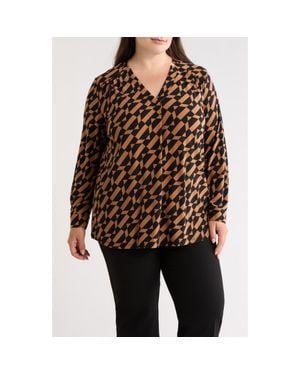 Anne Klein Geometric Print Split Neck Long Sleeve Top - Black