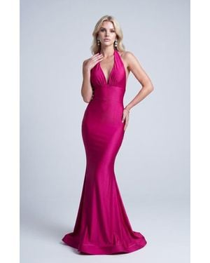 Jessica Angel Plunge Gathered Halter Mermaid Gown - Pink