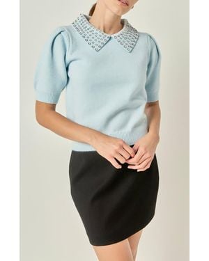 English Factory Rhinestone Collar Puff Sleeve Sweater - Blue