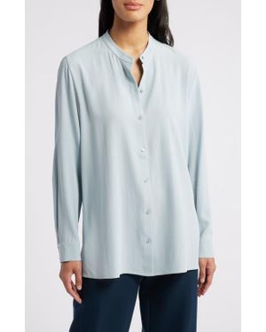 Eileen Fisher Mandarin Collar Silk Button-Up Shirt - Blue
