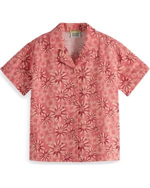 Scotch & Soda Kids' Floral Short Sleeve Cotton & Linen Button-Up Shirt - Pink