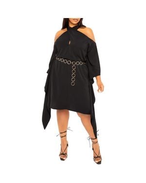 Buxom Couture Cross Halter Belted Tunic Dress - Black