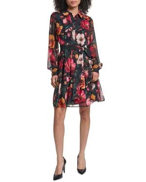 KARL LAGERFELD Print Tie Waist Long Sleeve Chiffon Dress - Red