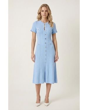 Modenaire Button Front Knit Short Sleeve Midi Dress - Blue