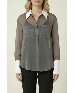 Modenaire Sheer Button-Up Contrast Collar And Cuff Detail Blouse - Gray