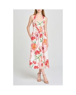 Wayf Camellia Floral Halter Neck Stretch Cotton Dress - Red