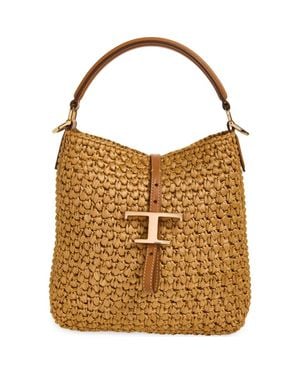 Tod's T Timeless Crochet Raffia & Leather Bucket Bag - Brown