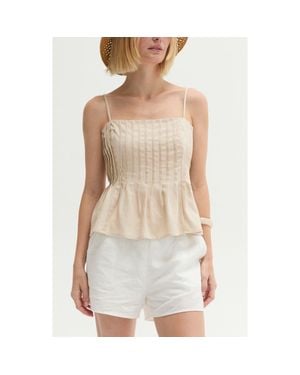 Crescent Pleated Sleeveless Linen Blend Top - Natural