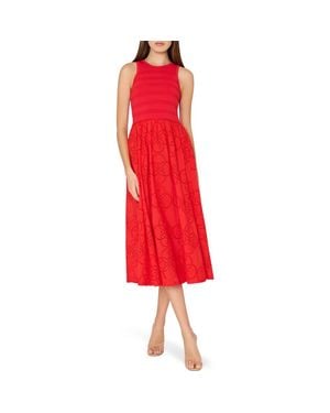 MILLY Ottoman & Geometric Eyelet Lace Midi Dress - Red