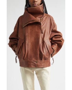 Balmain High Collar Leather Bomber Jacket - Brown