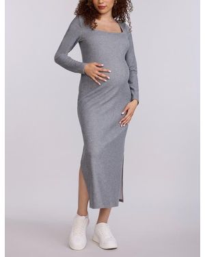 Motherhood Maternity Square Neck Rib Knit Long Sleeve Bodycon Maxi Dress - Gray
