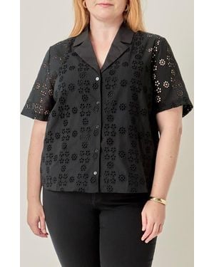 English Factory Embroidered Eyelet Cotton Camp Shirt - Black