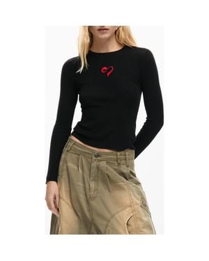 Desigual Floral Embroidery Long Sleeve T-Shirt - Black