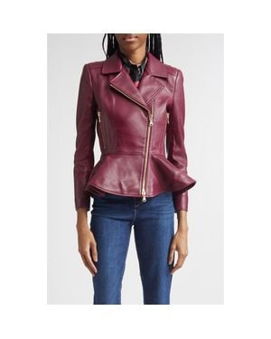 L'Agence Lyric Leather Peplum Biker Jacket - Red