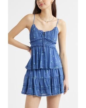 BP. Floral Mesh Ruffle Trim Camisole - Blue
