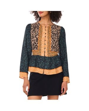 Vince Camuto Mixed Print Peplum Detail Button-Up Shirt - Black
