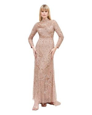 MARYISA Modest Embellished Sequin Beaded Maxi Dress With Cowl Neck And Trail - Natural