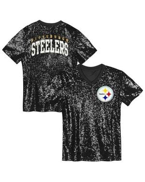 Outerstuff Girls Youth Pittsburgh Steelers Wordmark Sequin V-Neck Top - Black