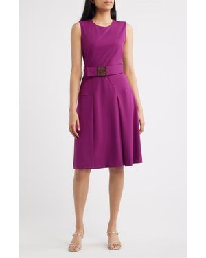 Anne Klein Belted Panel Jewel Neck Dress - Purple