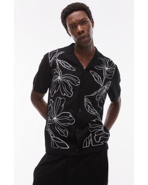 TOPMAN Floral Embroidered Knit Camp Shirt - Black