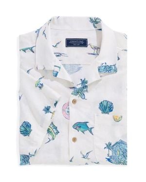 Vineyard Vines Gasparilla Icons Print Short Sleeve Linen Blend Cabana Shirt - Blue