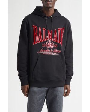 Balmain Flocked College Flag Appliqué Terry Cloth Hoodie - Black