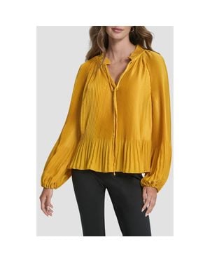 DKNY Pleated Tie Neck Satin Top - Yellow