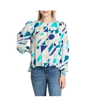 Apny Leopard Print Gathered Neck Chiffon Top - Blue