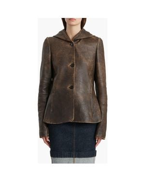 KHAITE June Hooded Distressed Leather Jacket - Brown