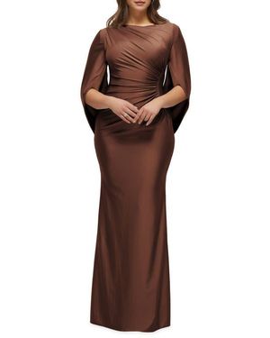 After Six Cape Sleeve Satin Gown - Brown