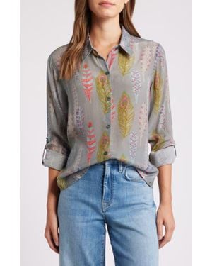 Apny Abstract Print Roll Tab Sleeve Chiffon Button-Up Shirt - Gray