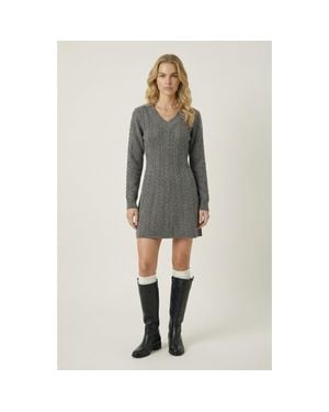 Modenaire Cable Knit V-Neck Sweater Dress - Gray