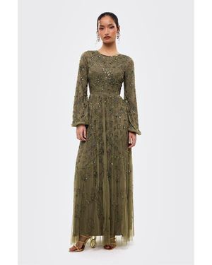 MARYISA Modest Ebellished Sequins A Line Maxi Dress - Green