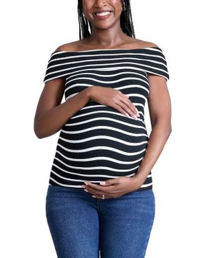 Motherhood Maternity Rib Knit Short Sleeve Off The Shoulder Top - Blue