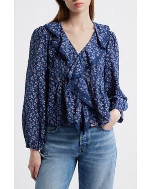 Madewell Lace Insert Ruffle Pintuck Long Sleeve Top - Blue