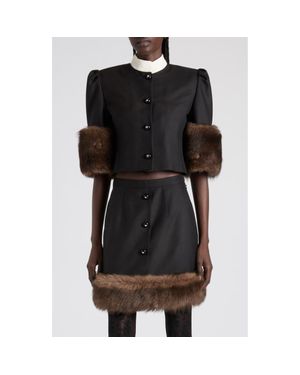 Valentino Genuine Shearling Trim Silk Shantung Jacket - Black
