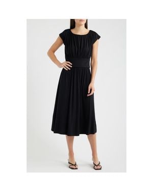 Loveappella Cap Sleeve Ruched Knit Midi Dress - Black