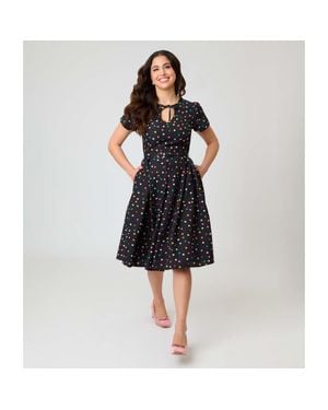 Unique Vintage Short Petal Sleeve Tie Neck Dahlia Swing Dress - Black