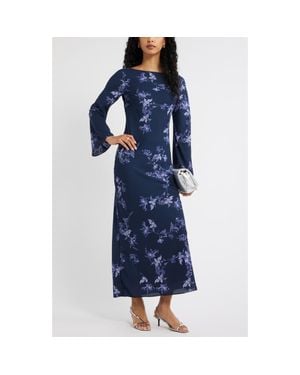 Open Edit Print Long Sleeve Drape Back Dress - Blue