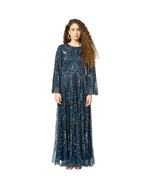 MARYISA Occasion Modest Embellished Sequin Beaded Floral Long Sleeves Evening Maxi Dress - Blue