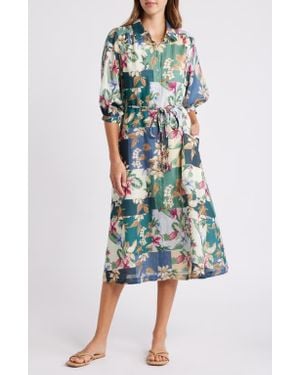 Tommy Bahama Ramie Blend Floral Tie Belt Shirtdress - Green