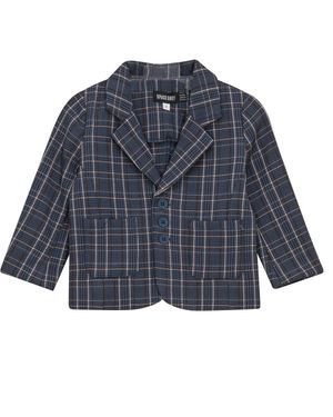 Space Grey Front Button Woven Plaid Blazer - Blue