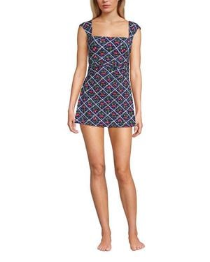 Lands' End Chlorine Resistant Square Neck Ruched Swim Dress One Piece Swimsuit - Blue