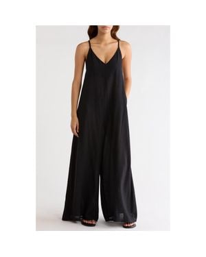 Elan Wide Leg Cotton & Linen Blend Cover-Up Jumpsuit - Black
