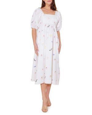 FREEMARKET Print Puff Sleeve Midi Dress - White