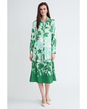 Ming Wang Floral Printed Crepe De Chine Maxi Shirt Dress - Green