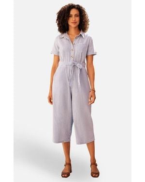 Yumi' Chambray Light Denim Button Jumpsuit - Red
